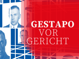 Plakatmotiv und transparente Schichtungen mit dem Schriftzug Gestapo vor Gericht
