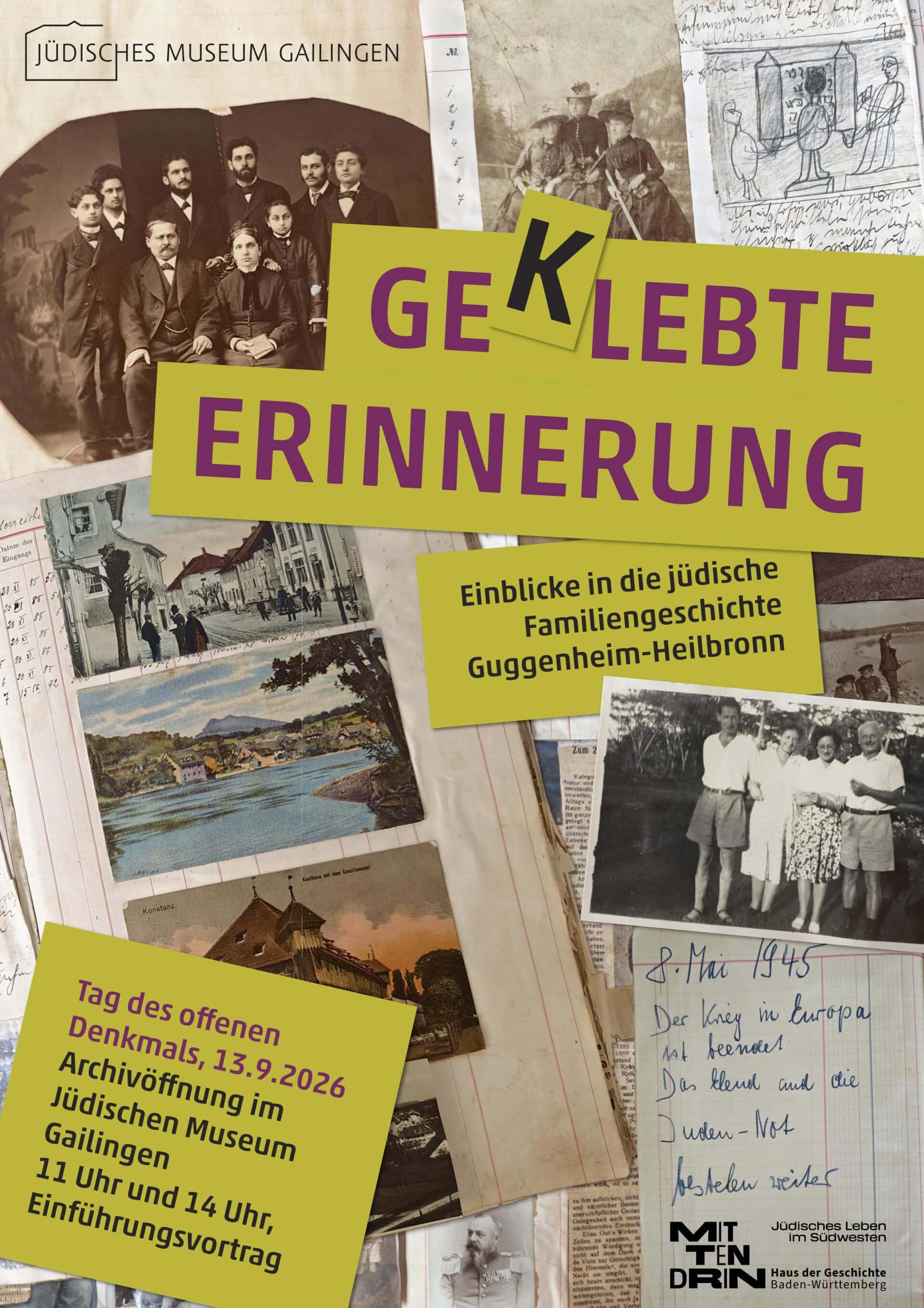 Plakat "Geklebte Erinnerung" mit verschiedenen Fotografien und Schriftstücken